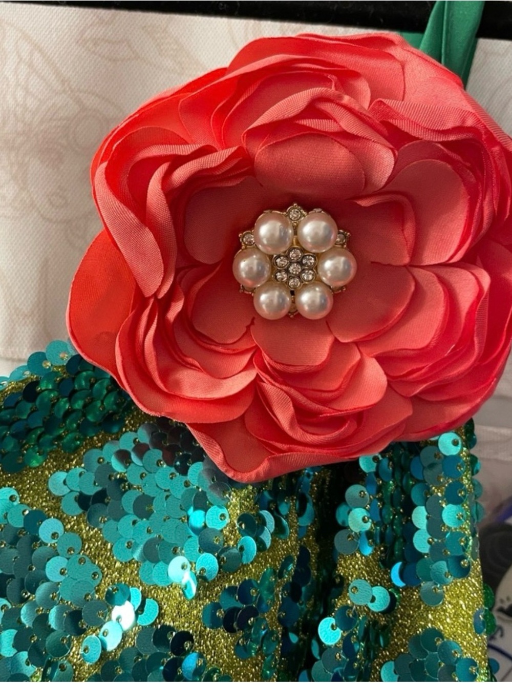 Unique Vintage Teal Sequin Mermaid Midi Dress with Coral Flower - Picture 3 of 5